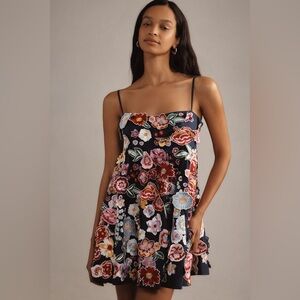 Anthropologie Navy Babydoll Dress with Floral Embroidery and Smocking